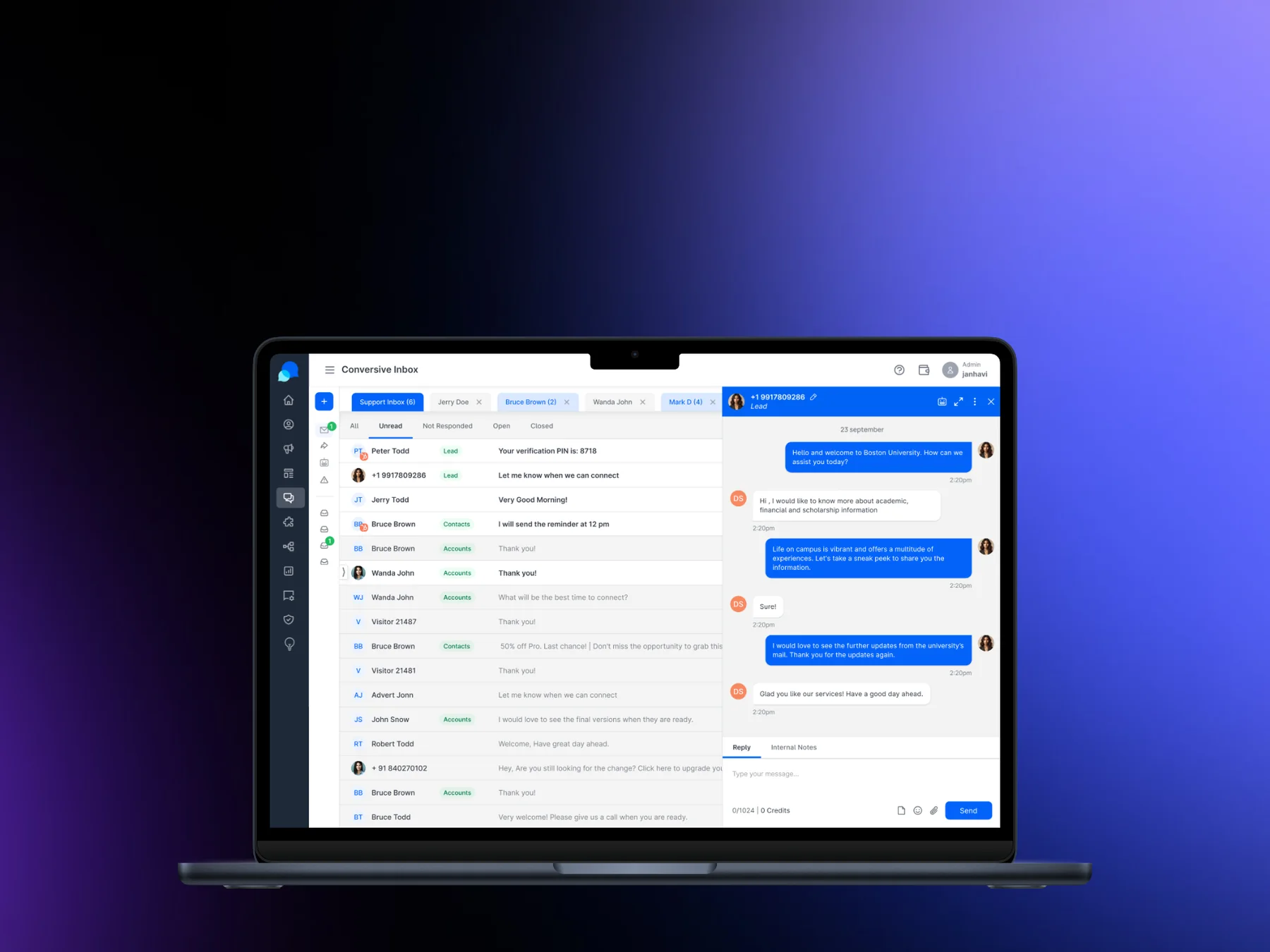The Conversive inbox open on a laptop, unified across SMS, WhatsApp, and other channels