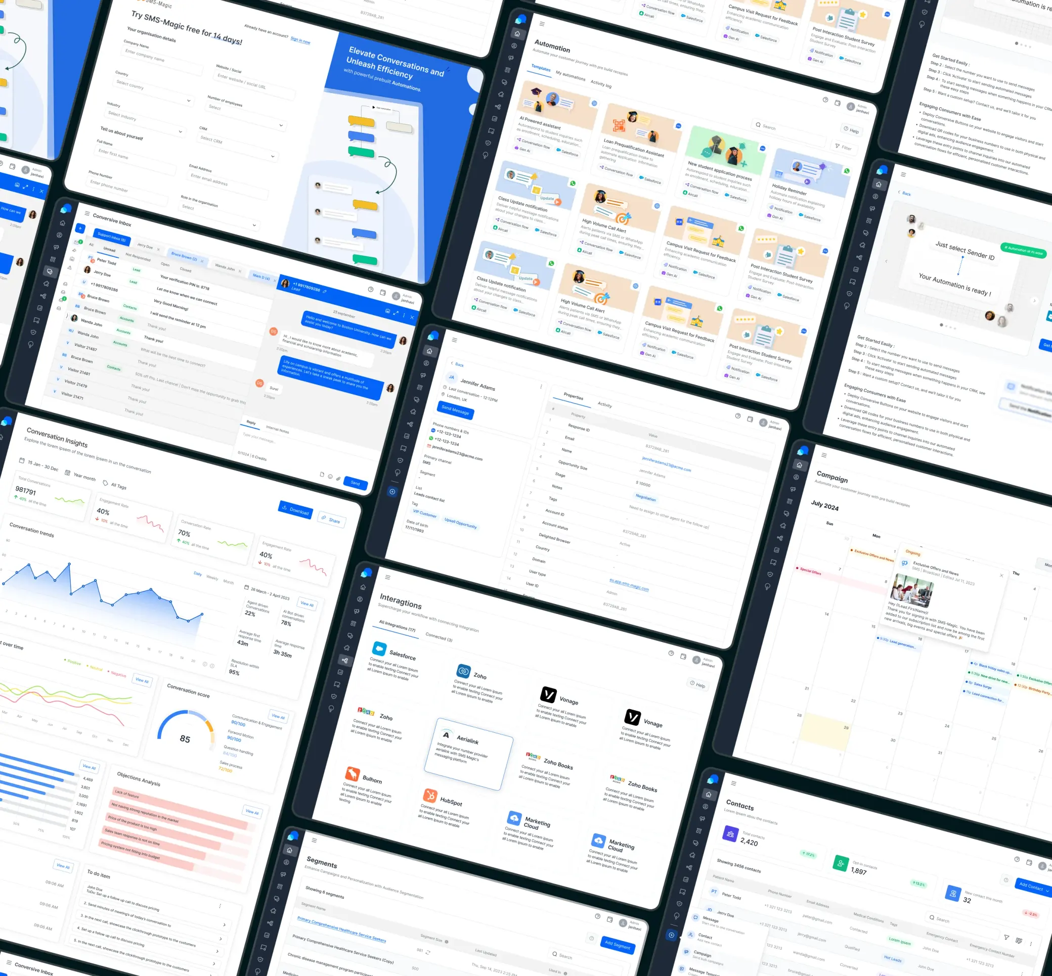 Conversive product screens showing inbox, automations, contacts, and analytics