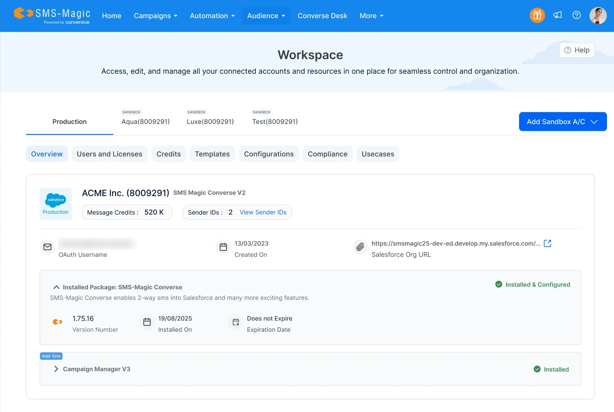 The SMS-Magic Workspace page showing production and sandbox account tabs, message credits, sender IDs, and installed package status for a connected Salesforce org